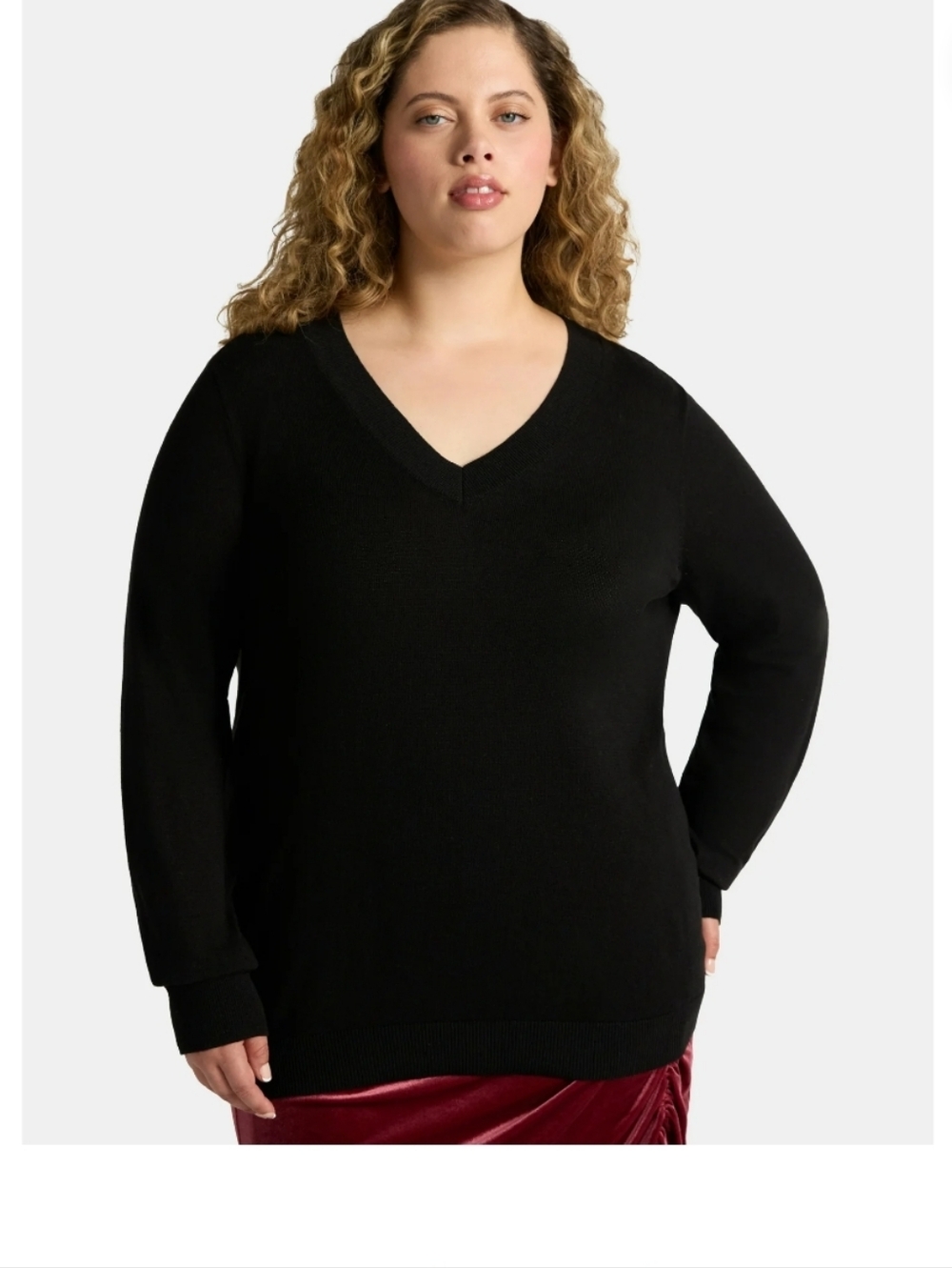 Terra & Sky Women's Plus V-Neck Fine Gauge Pullover Sweater, Lightweight Black